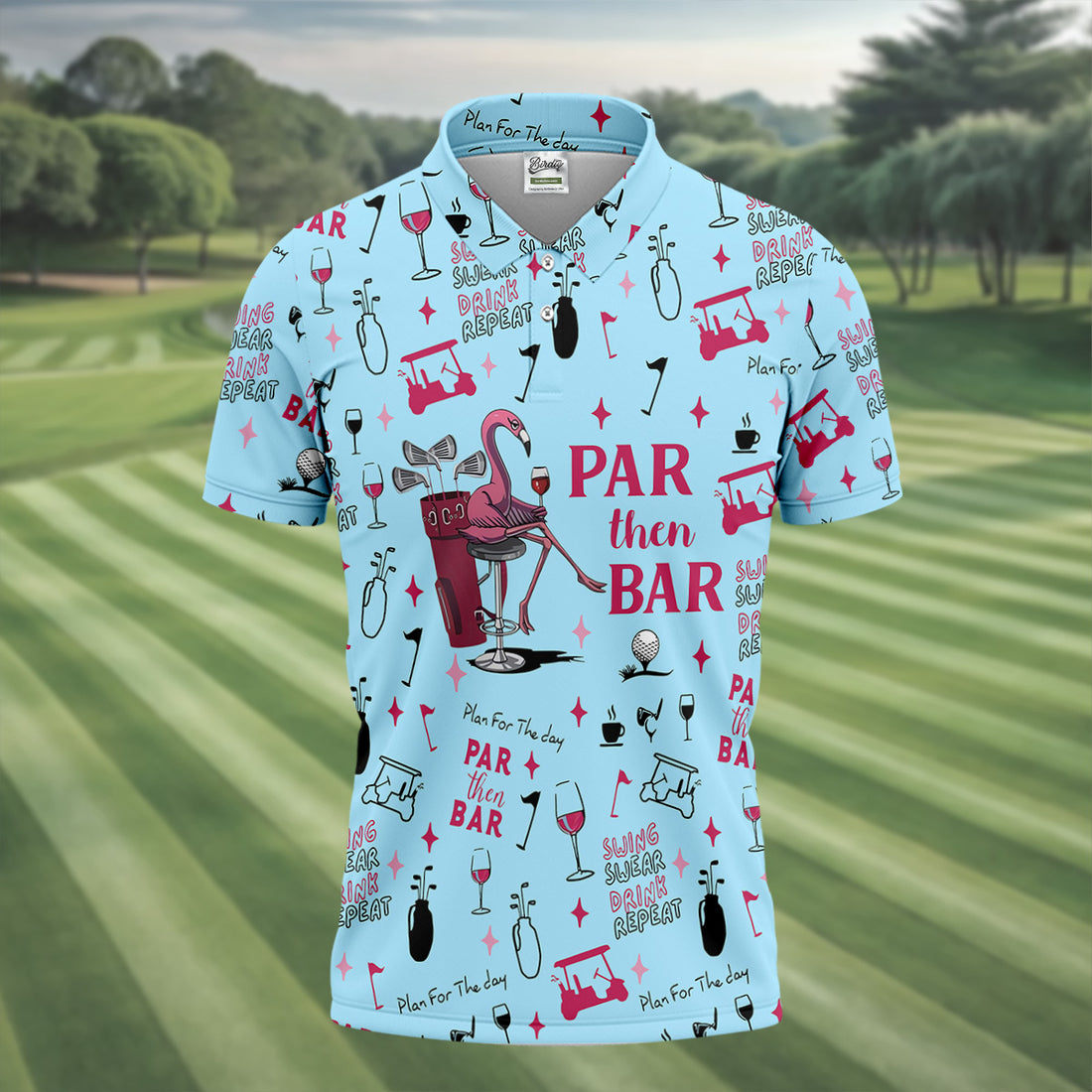 Pink And Blue Par Then Bar Flamingo Golf Shirt, Fun Golf Shirts For Men, Polo For Men, Golfing Apparel