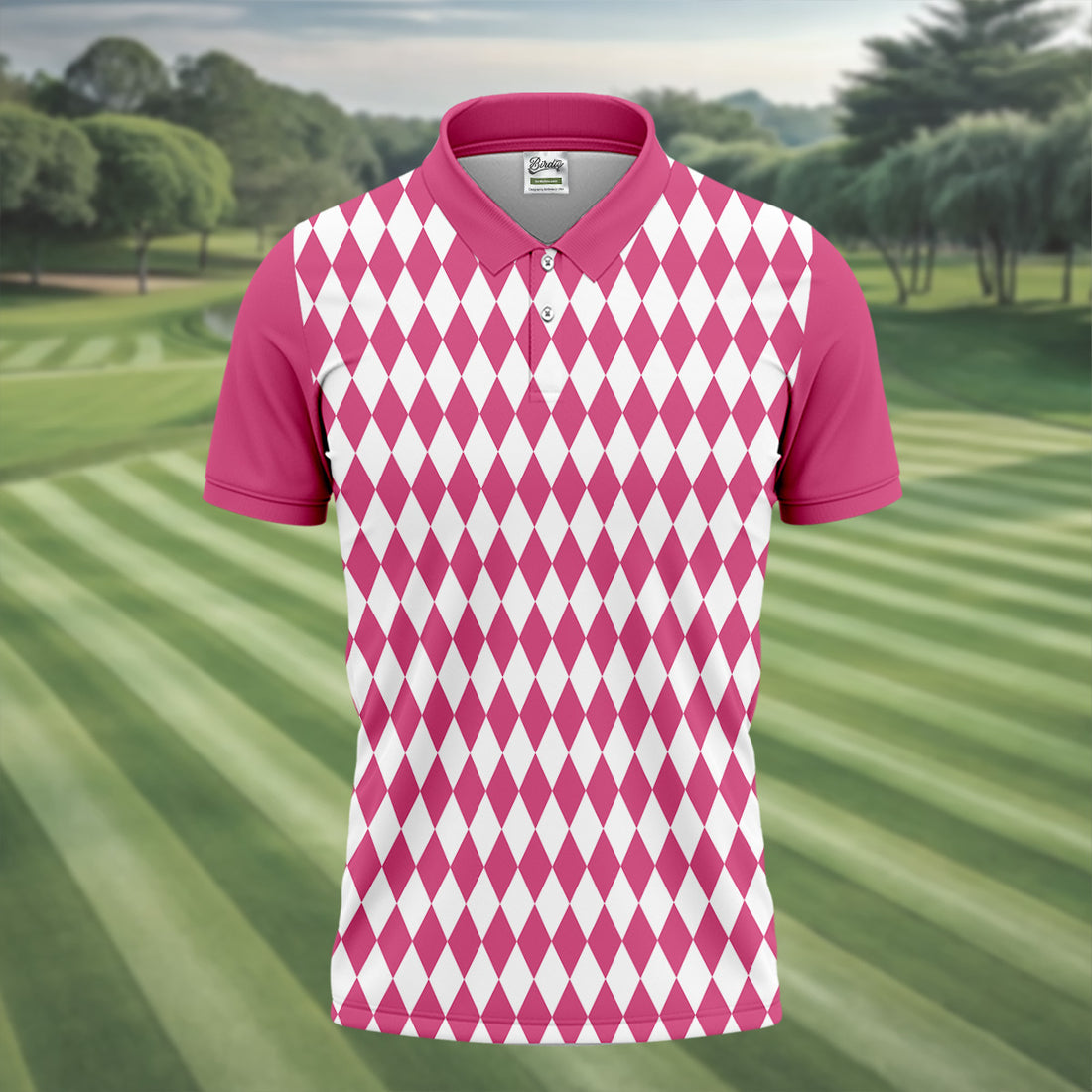 White And Pink Argyle Pattern Men Polo, Polo Shirts For Men, Golf Gift For Men, Golfing Apparel