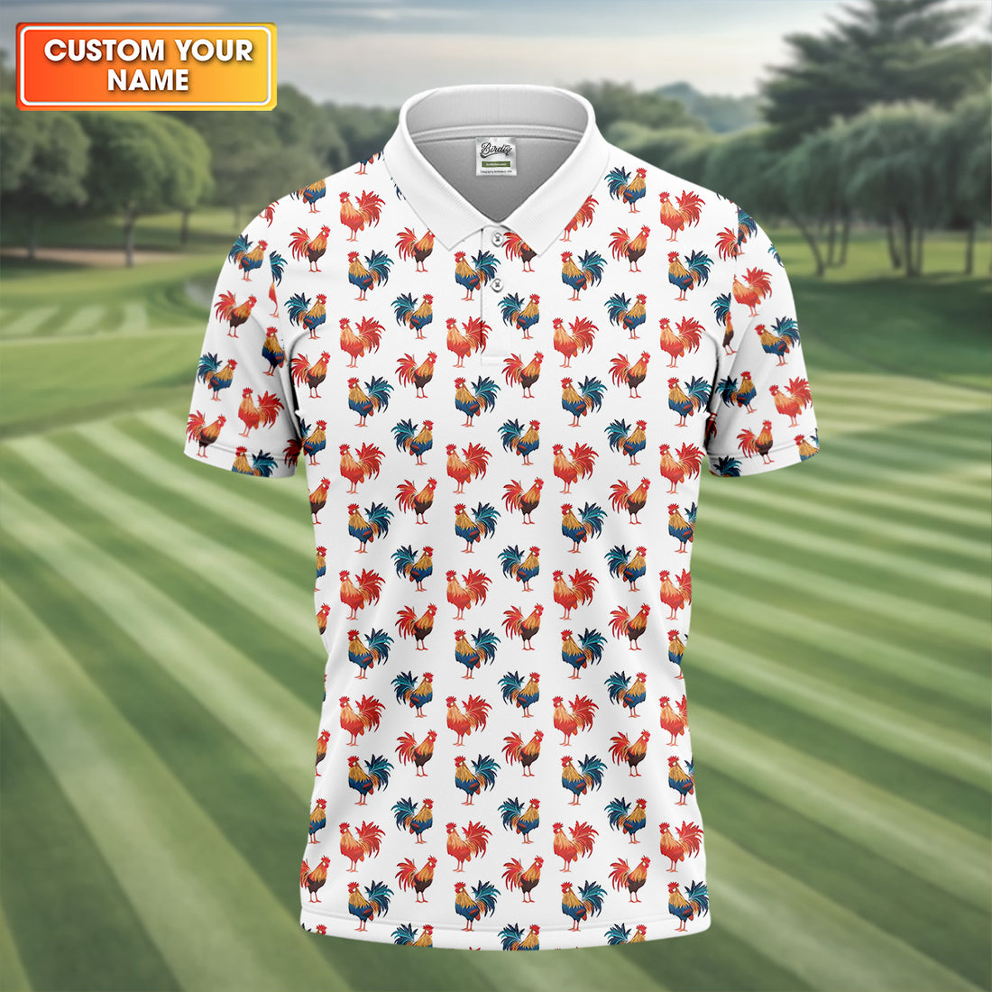 Colorful Chicken Rooster Golf Shirt, Fun Golf Shirts For Men, Unique Gift For Golfer, Mens White Polo