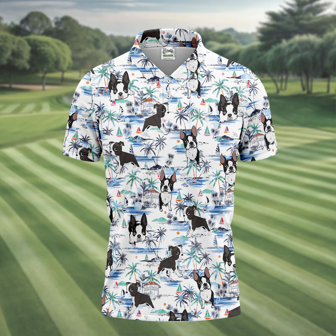 Boston Terrier Ocean Vibe White Tropical Golf Shirts, Men's Funny Golf Shirts, Gifts For Dog Lovers