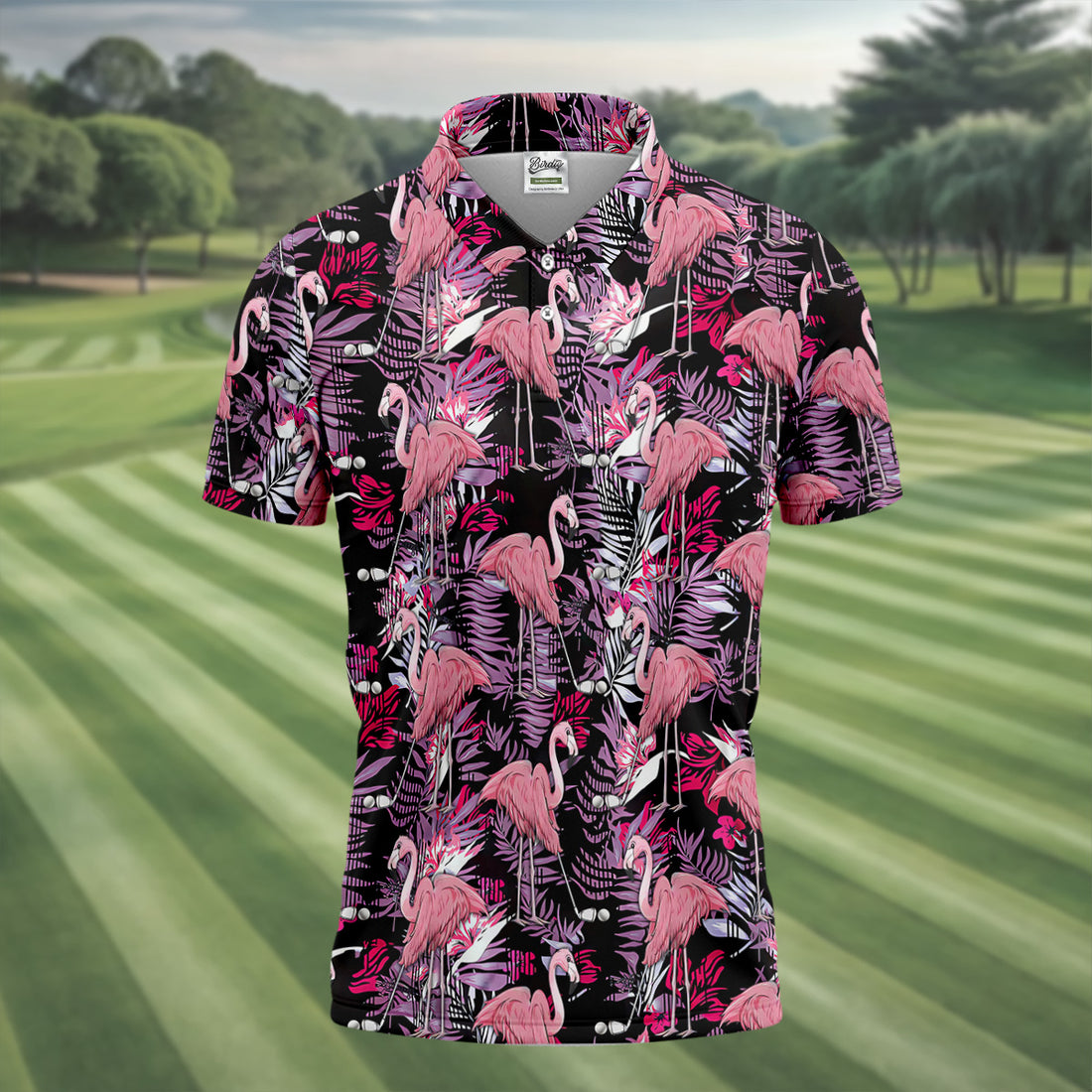 Tropical Flamingo Purple Golf Shirt, Golf Tops For Men, Polo Shirts For Men, Golfing Apparel