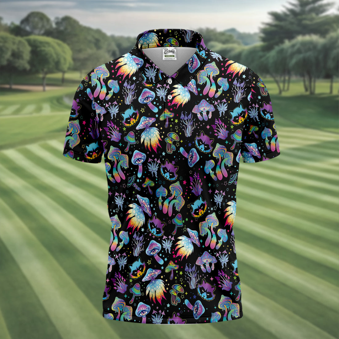 Funny Neon Cat Alien Mushroom Golf Tops For Men, Polo Shirts For Men, Golfing Apparel
