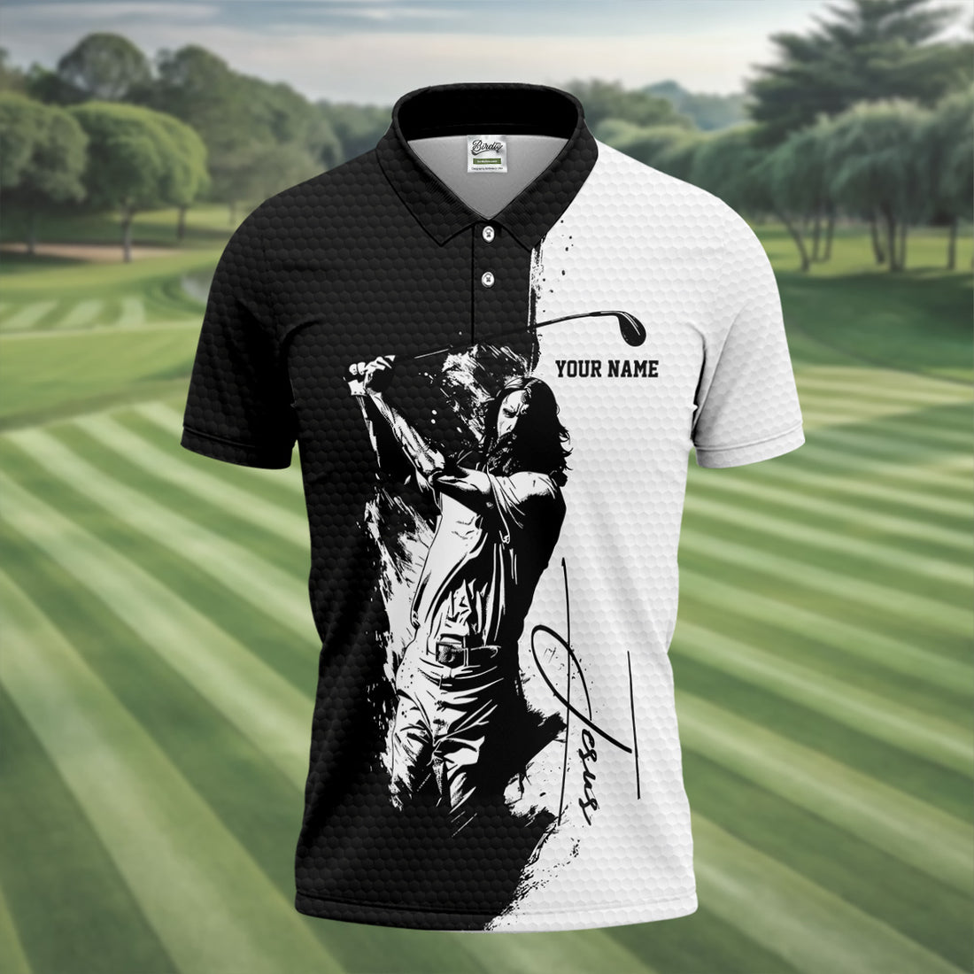 Jesus Is My Savior Golf Is My Therapy Christian Golf Shirt, Black And White Golf Polo, Polo Shirts For Men