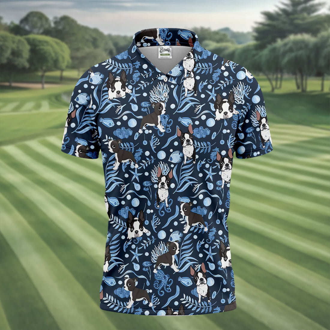Boston Terrier Ocean Vibe Blue Tropical Golf Shirts, Men's Funny Golf Shirts, Gifts For Dog Lovers