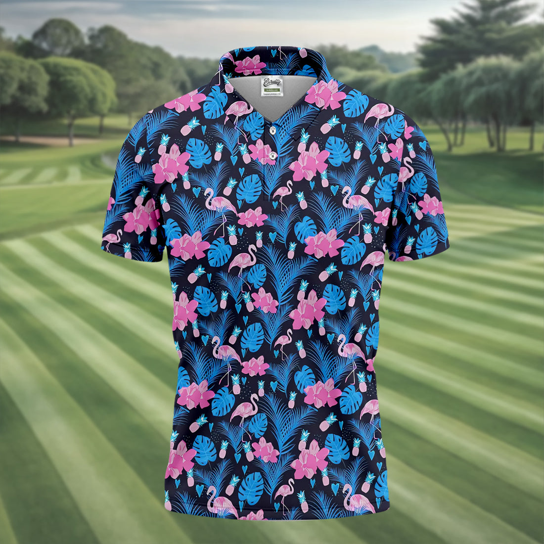 Flamingo Pink Pink And Blue Tropical Golf Shirts, Polo Shirts For Men, Golf Gift For Men, Golfing Apparel
