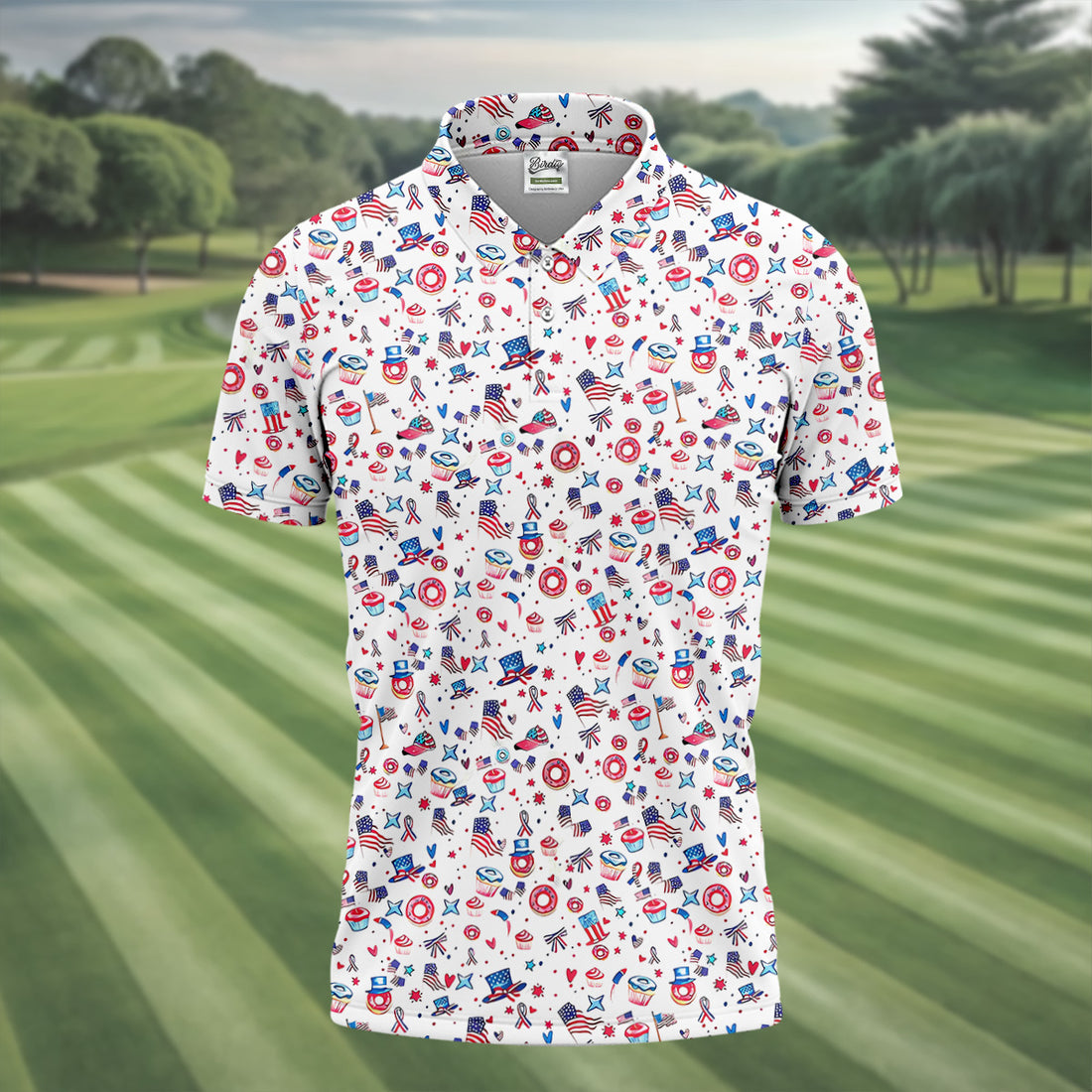 American Flag Donut Pattern Fun Men's Golf Polos, White Polo Shirt Mens, Golf Shirts For Men, Golfing Apparel