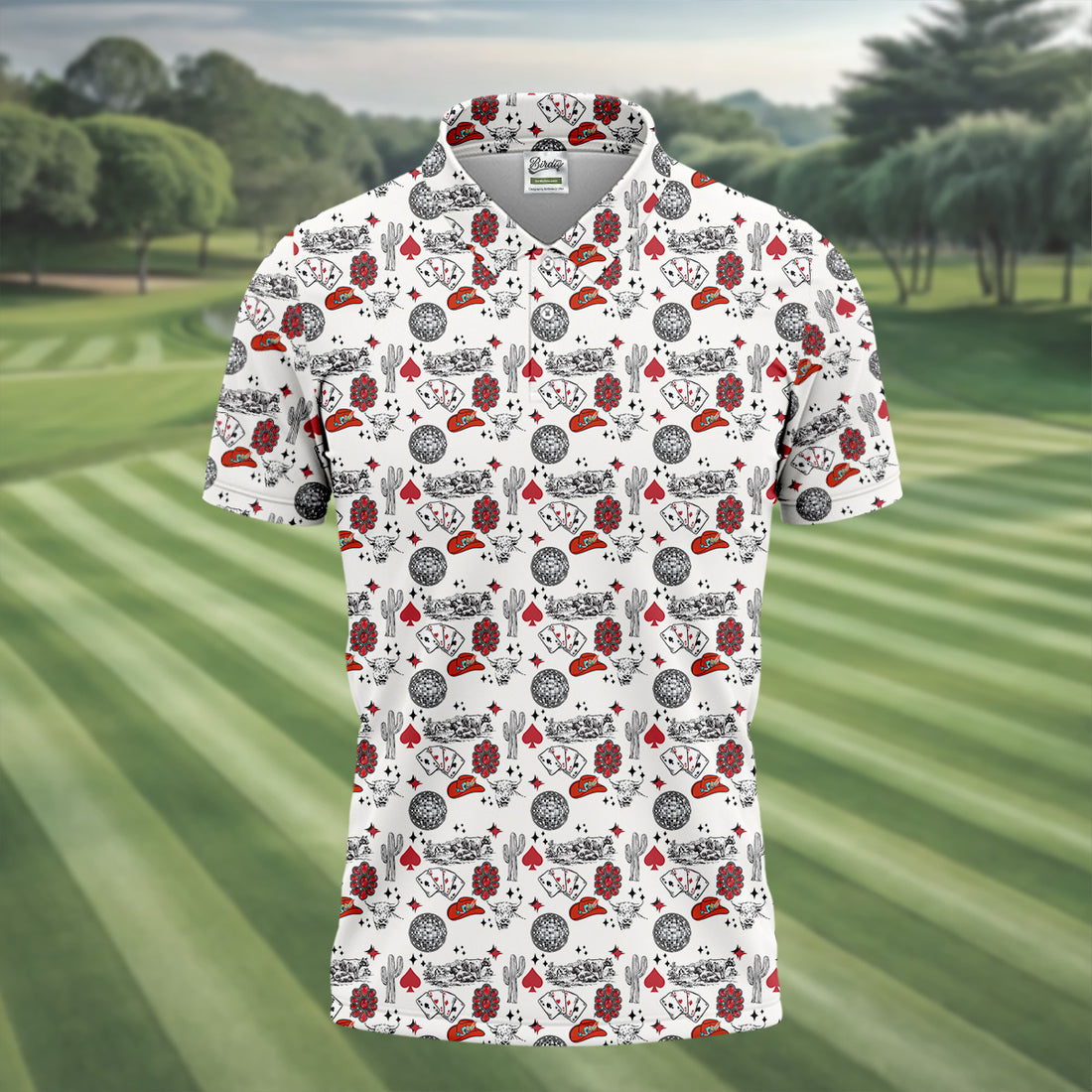 Western Cards Red Cowboy Hat Seamless Pattern Golf Tops For Men, Western Golf Shirt, Polo Shirts For Men