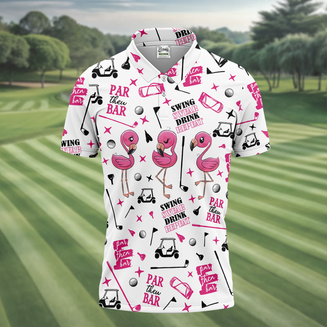 Swing Swear Drink Repeat Par Then Bar Flamingo Golf Shirt, Pink And White Fun Golf Shirts For Men