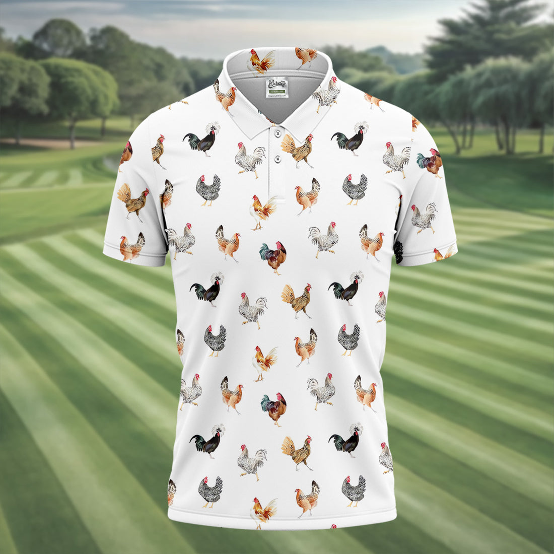 Prancing Chickens Men's White Golf Polo, Gift For Chicken Lover, Polo Shirts For Men, Golfing Apparel
