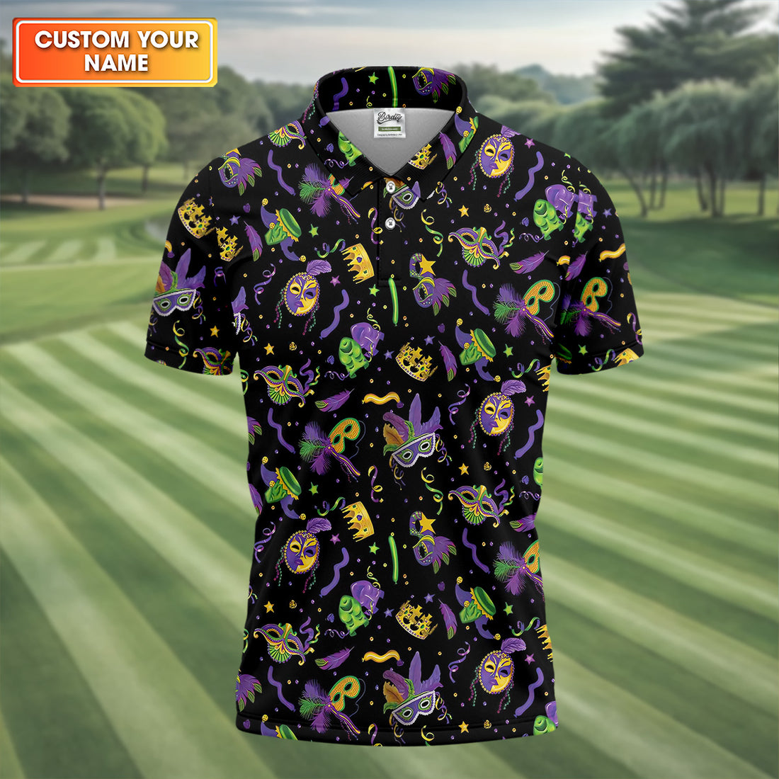 Mardi Gras Pattern Black Golf Polo Shirt, Mens Golf Polo Shirts, Golf Gift For Men, Golfing Apparel