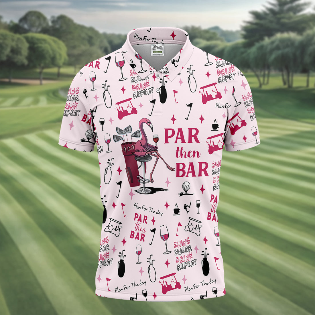 Pink Swing Swear Drink Repeat Par Then Bar Flamingo Golf Shirt, Fun Golf Shirts For Men, Polo For Men