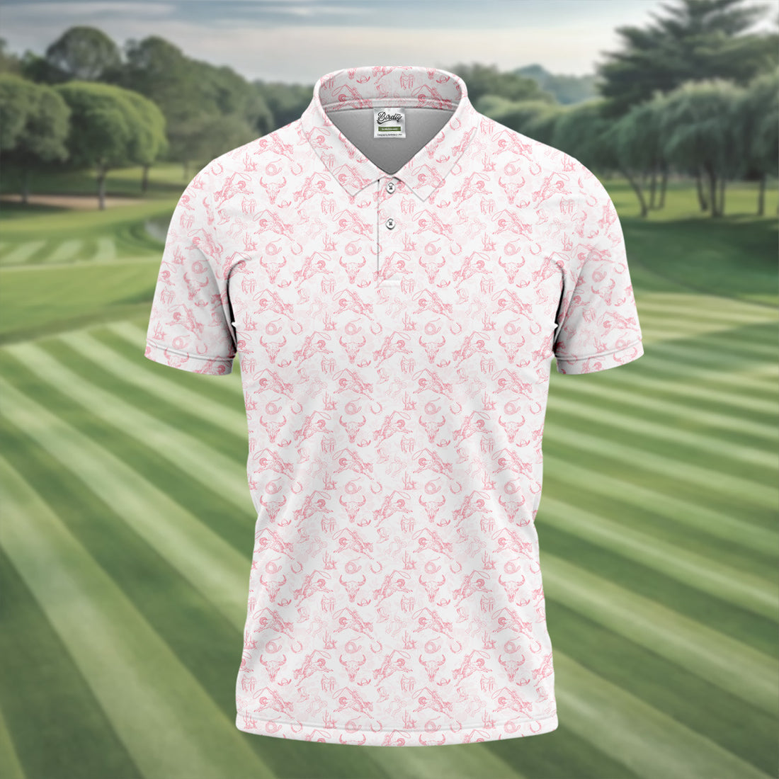Pink Toile Chinoiserie Bow Western Golf Shirt, Men's Funny Golf Shirts, Cute Golf Outfit, Golf Gift For Men