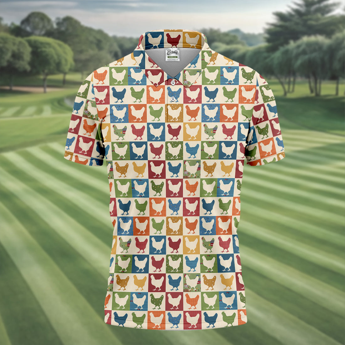 Chicken Rooster Colorful Checkered Golf Tops For Men, Gift For Chicken Lover, Golfing Apparel