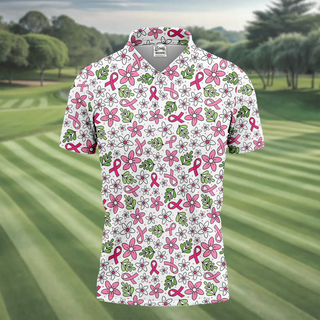 Breast Cancer Awareness Ribbon Flower Men Shirt, Cancer Awareness Shirt, Polo Shirts For Men