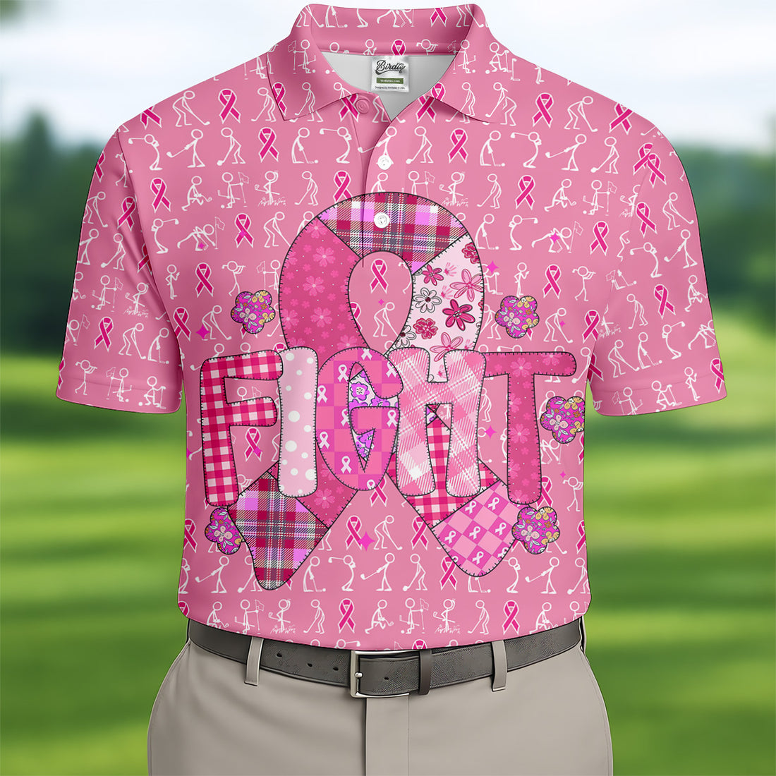 Funny Stick Figure Men's Golf Shirt, Breast Cancer Awareness Shirt, Polo Shirts For Men, Golfing Apparel