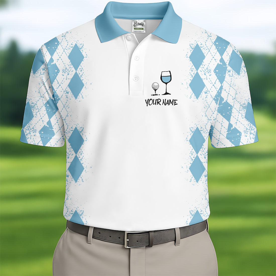 Swing Swear Drink Repeat Light Blue Argyle Golf Shirt, Fun Golf Shirts For Men, Men's White Polo