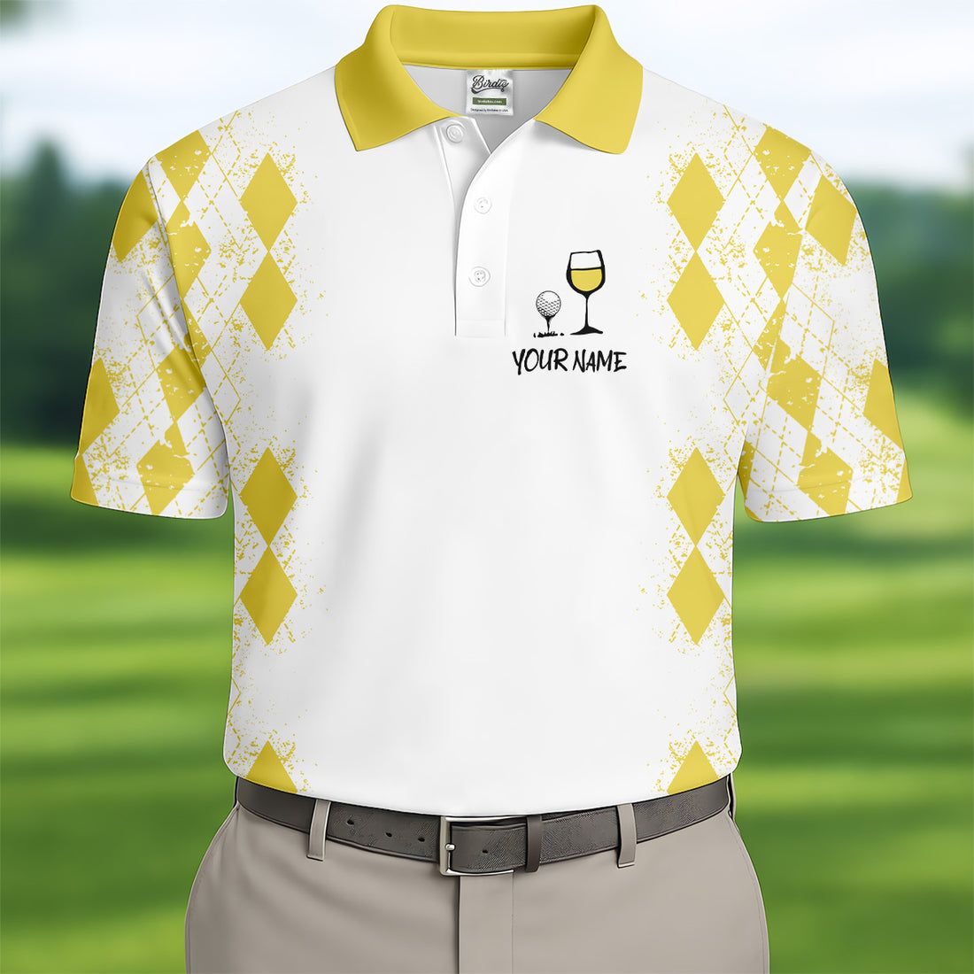 Swing Swear Drink Repeat Lemon Yellow Argyle Golf Shirt, Fun Golf Shirts For Men, Men's White Polo