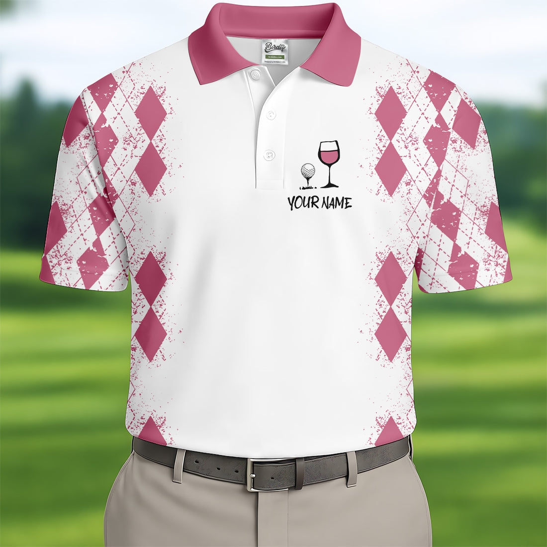 Swing Swear Drink Repeat Pink Argyle Golf Shirt, Fun Golf Shirts For Men, Men's White Polo