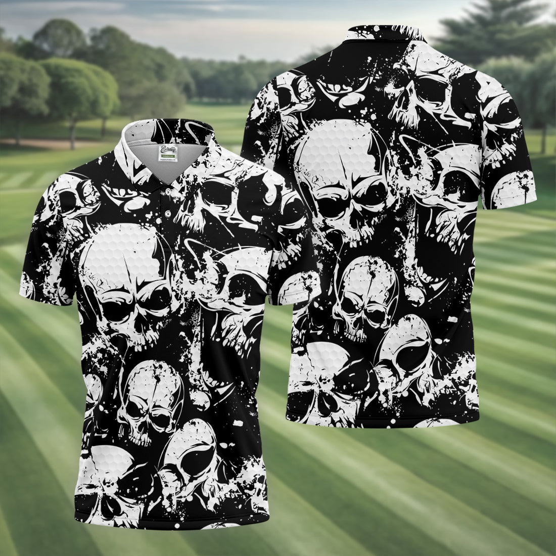 Skulls Splatter Black Grunge Mens Golf Polo Shirts, Cool Golf Gift, Golfing Apparel, Polo For Men