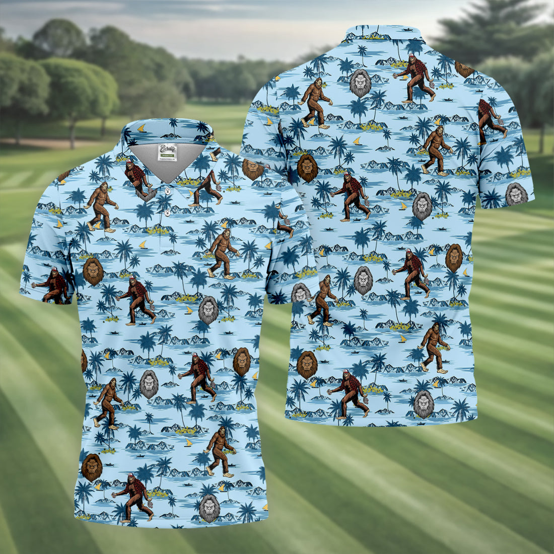 Blue Funny Sasquatch Tropical Golf Shirts, Men's Funny Golf Shirts, Golfing Apparel, Polo For Men