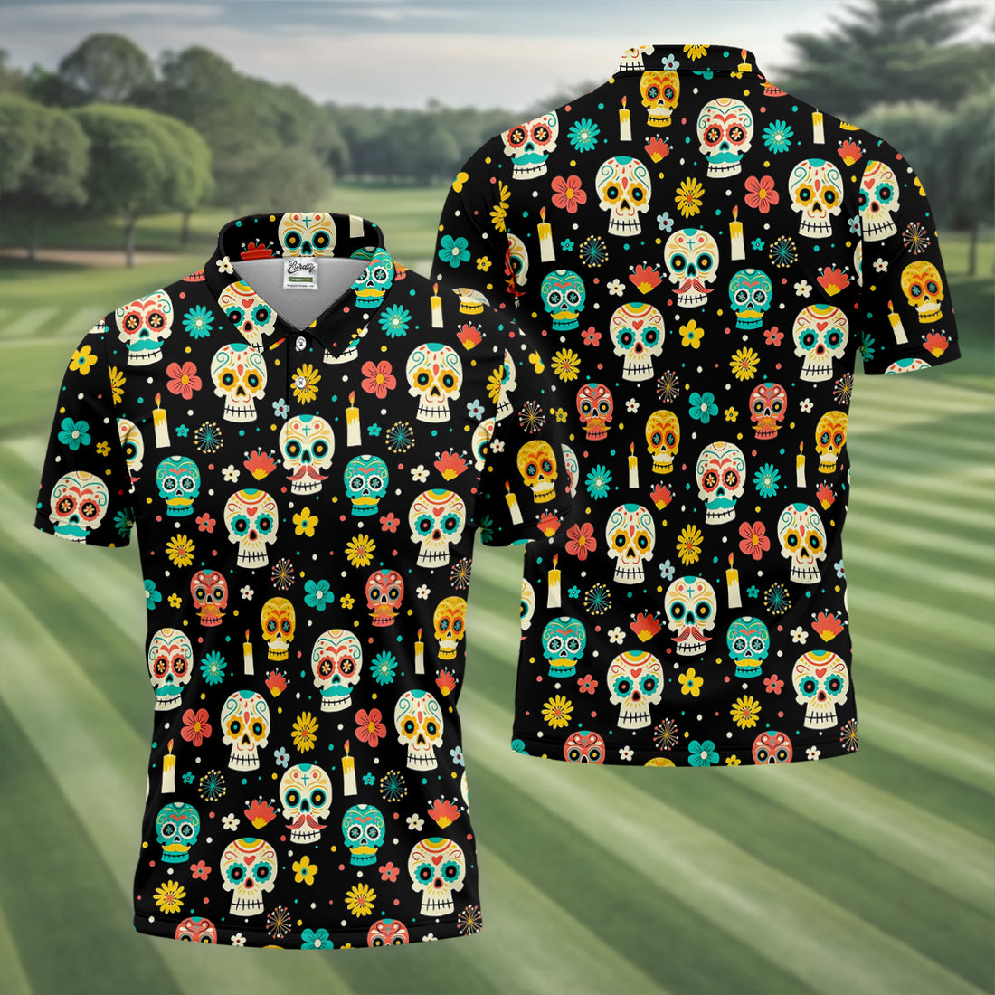 Cartoon Sugar Skull Mexican Day of the Dead Golf Shirt, Golf Tops For Men, Polo Shirts For Men