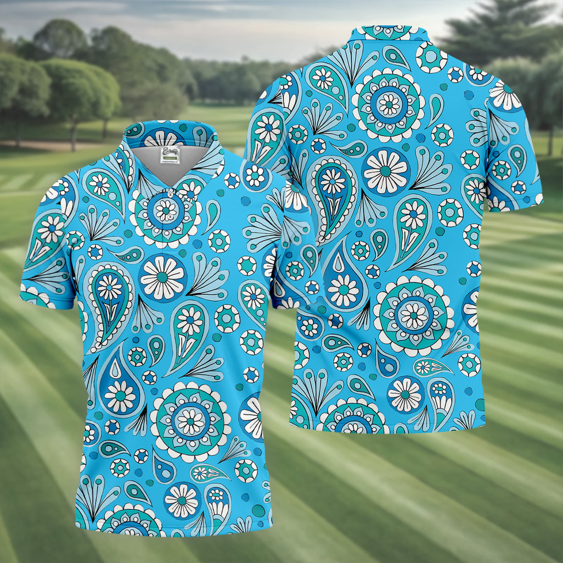 Blue Paisley Seamless Pattern Golf Tops For Men, Hawaiian Golf Shirts, Polo For Men