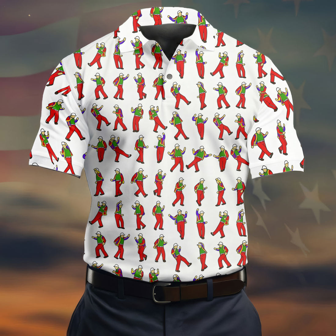 Colorful Dancing Character Pattern Polo Shirt, Hawaiian Golf Shirt, Mens Golf Apparel