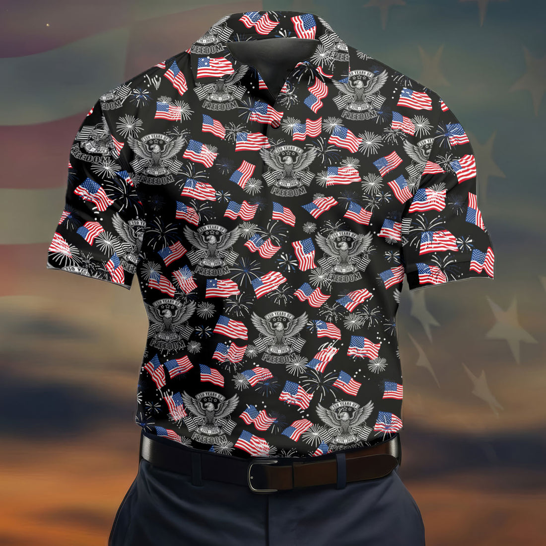 250 Years Of Freedom Festive Flag Vintage Black Golf Shirt, Patriotic 4th Of July Golf Shirts For Men