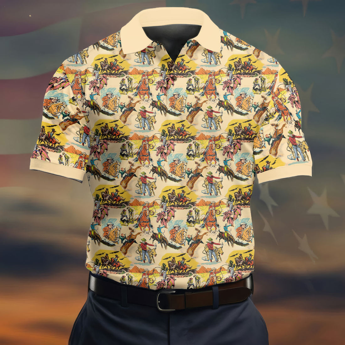 Vintage Cowboy Western Theme Old West Golf Tops For Men, Polo Shirts For Men, Golf Shirts For Men