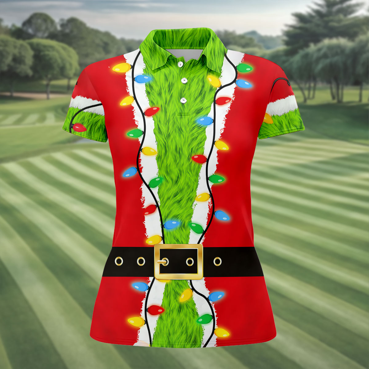 Christmas Green Furry Santa Suit Golf Shirt, Womens Golf Tops, Golf Gifts For Women