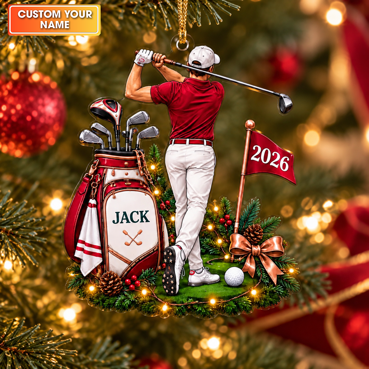Custom Name Male Golfer Acrylic Ornament, Christmas Ornaments, Christmas Keepsake
