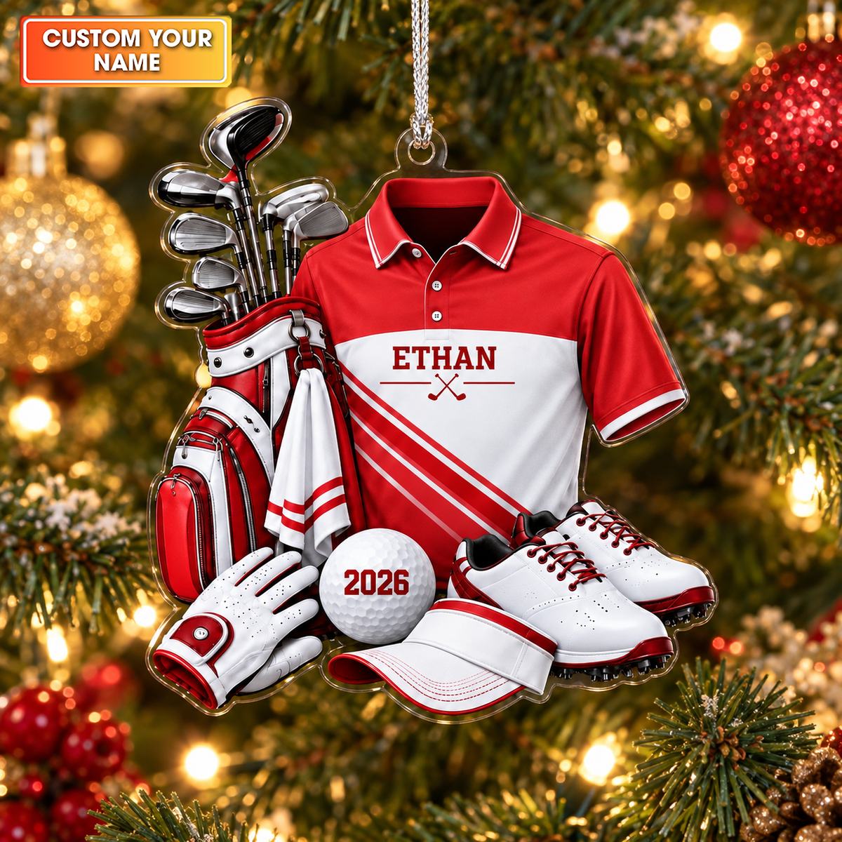 Custom Name Golf Shirt And Bag Acrylic Ornament, Christmas Gifts, Gifts For Golfers