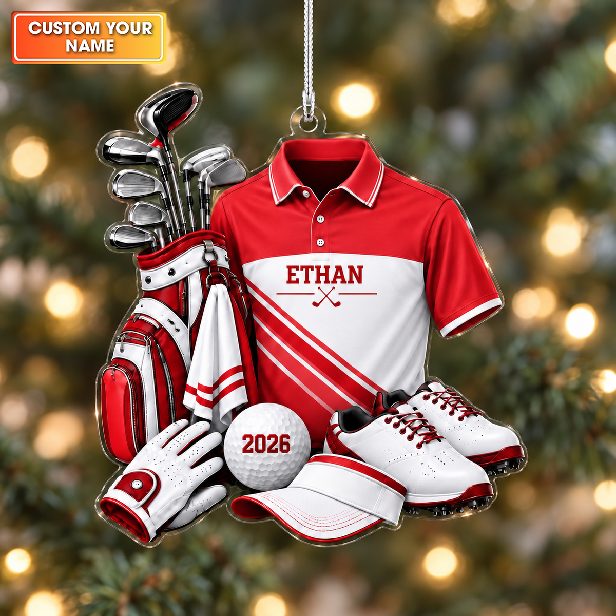 Custom Name Golf Shirt And Bag Acrylic Ornament, Christmas Gifts, Gifts For Golfers