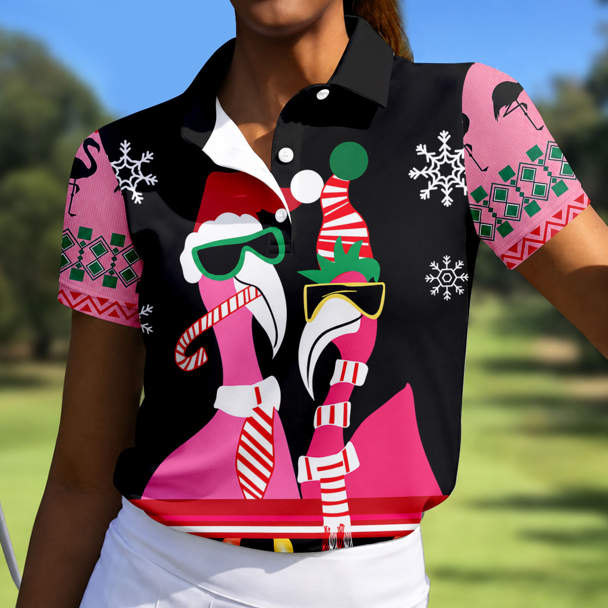 Pink flamingo Christmas pattern - Women - golf shirt detail 1