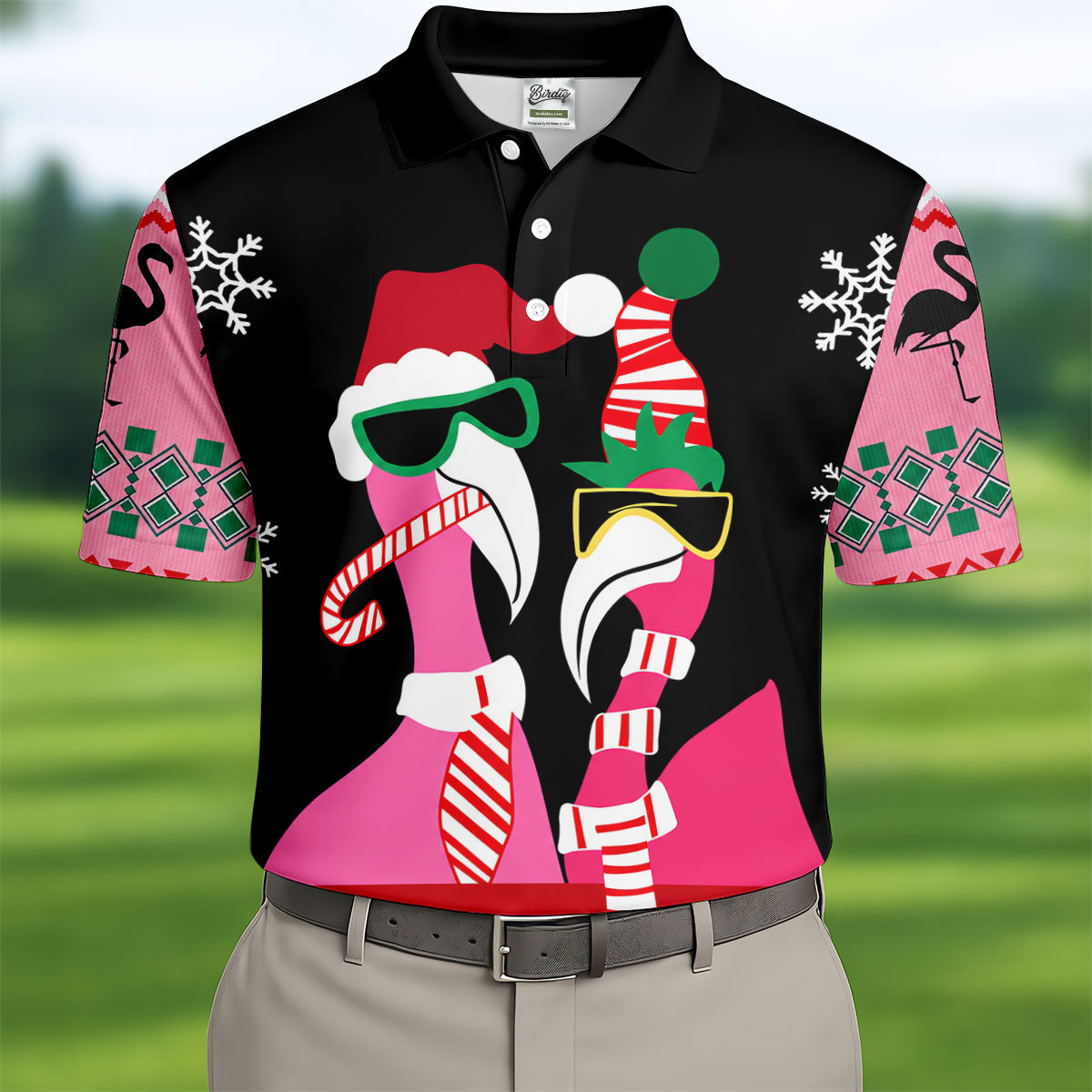 Pink flamingo Christmas pattern - Men - golf shirt detail 3