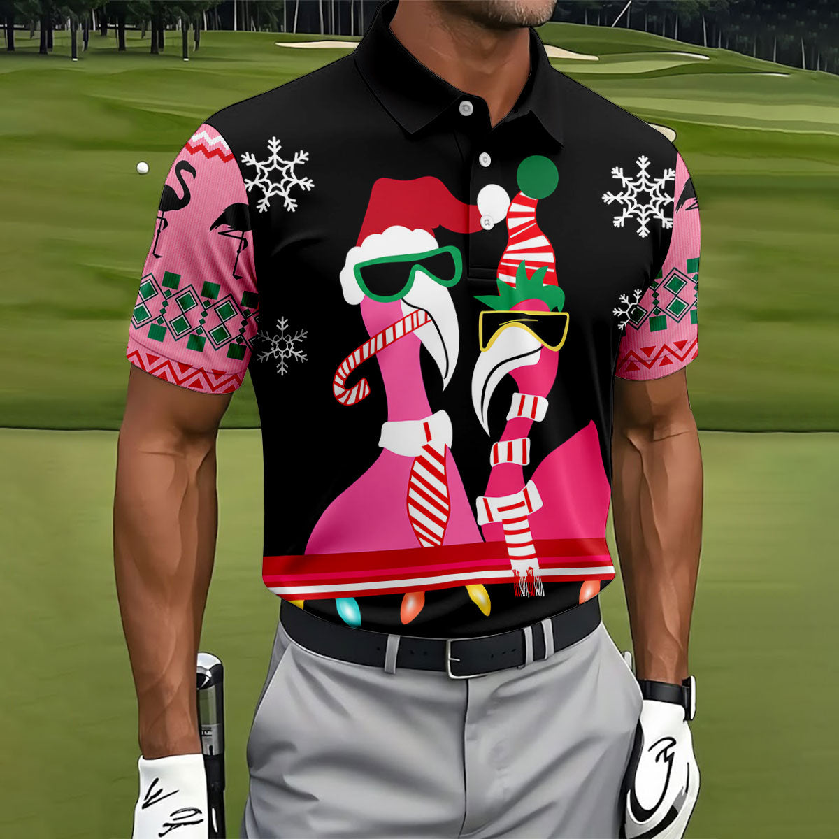 Pink flamingo Christmas pattern - Men - golf shirt detail 1
