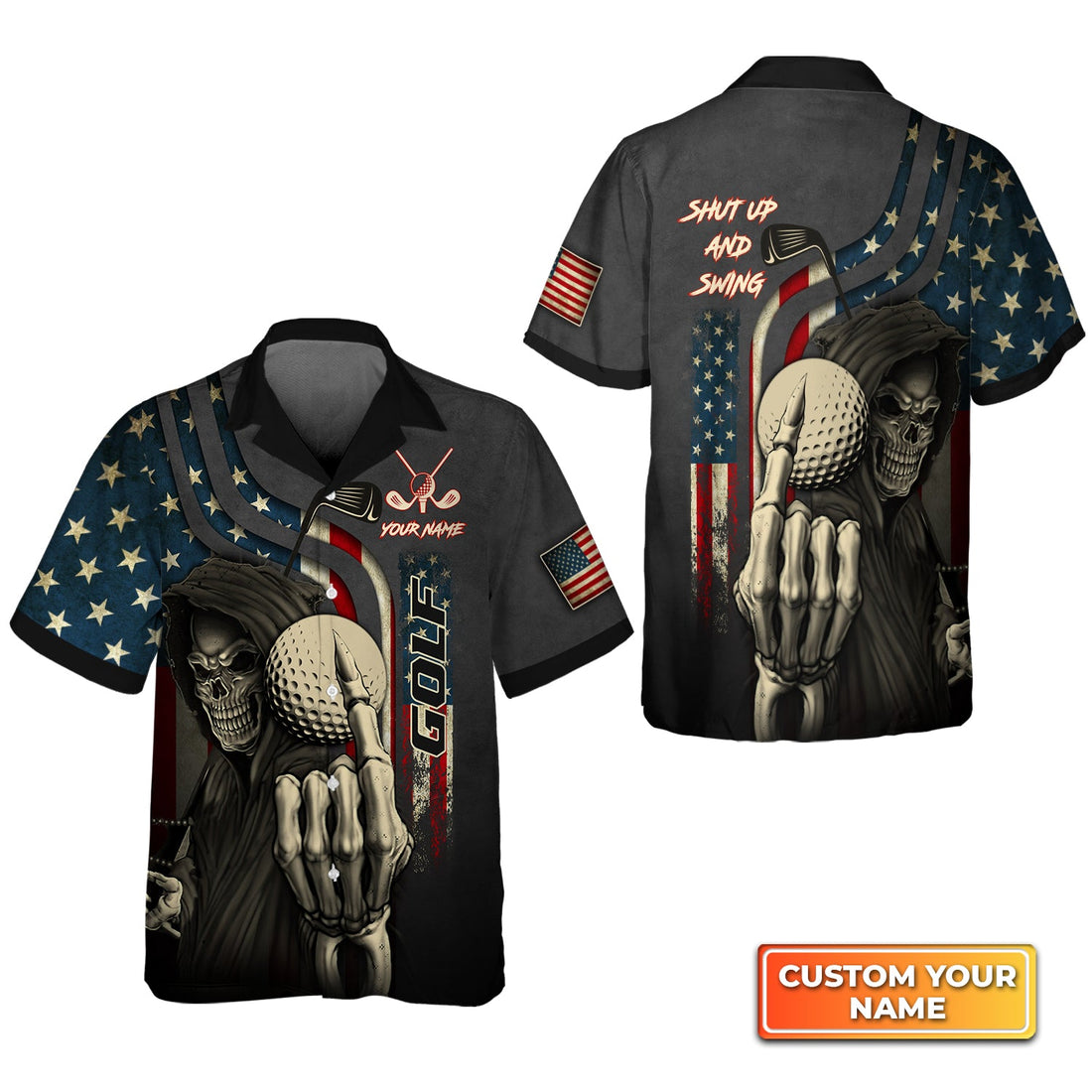 America Flag Skull Golf Shut Up And Swing - Personalized Name 3D Hawaiian Shirt Gift For Golfer