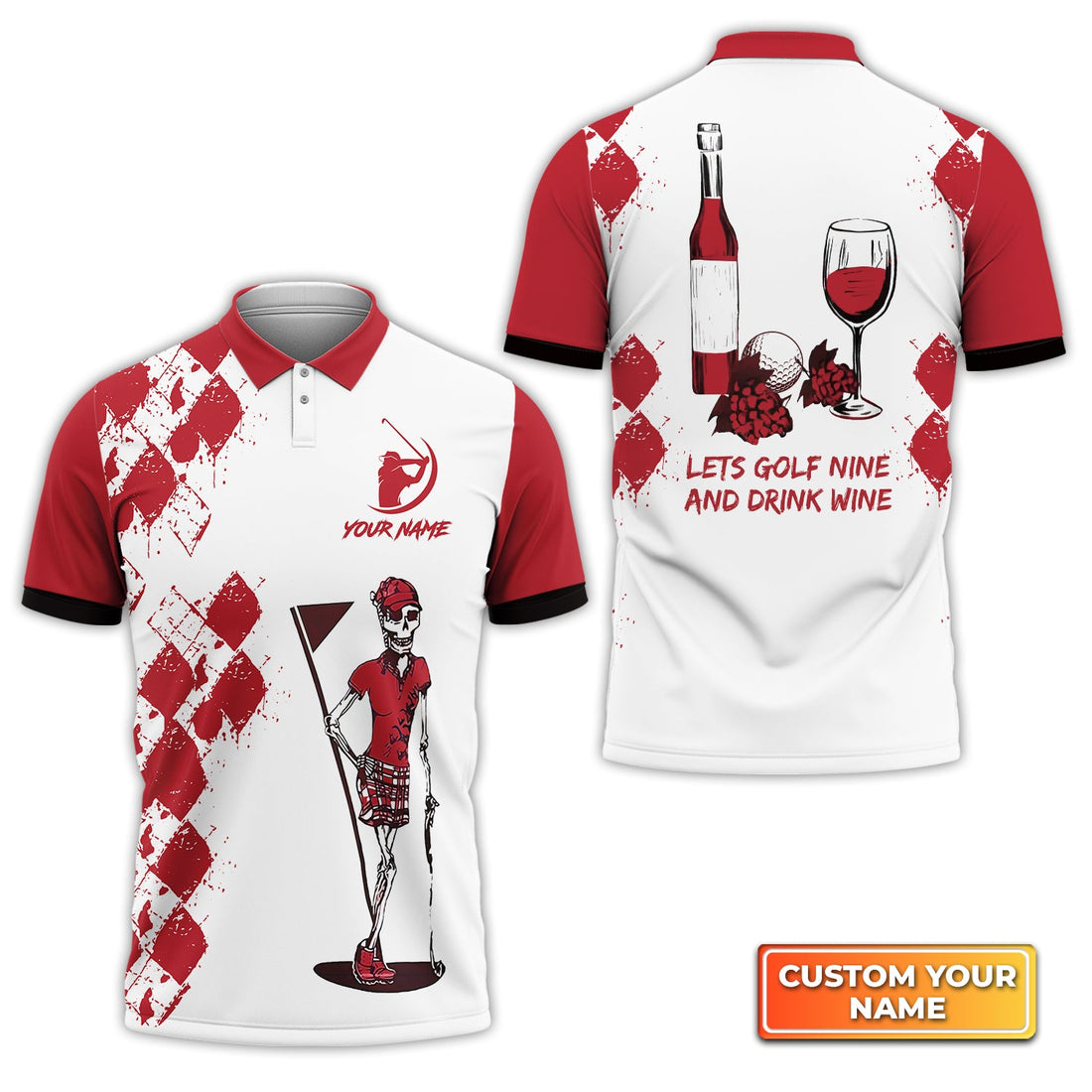 Golf Nine And Drink Wine - Personalized Name 3D Polo Shirt Gift For Golfers QB95