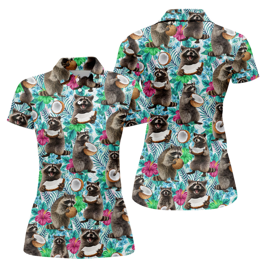 Funny Raccoons Enjoying Coconuts Design Hawaiian Golf Polo, Golf Tops For Women, Golfing Apparel