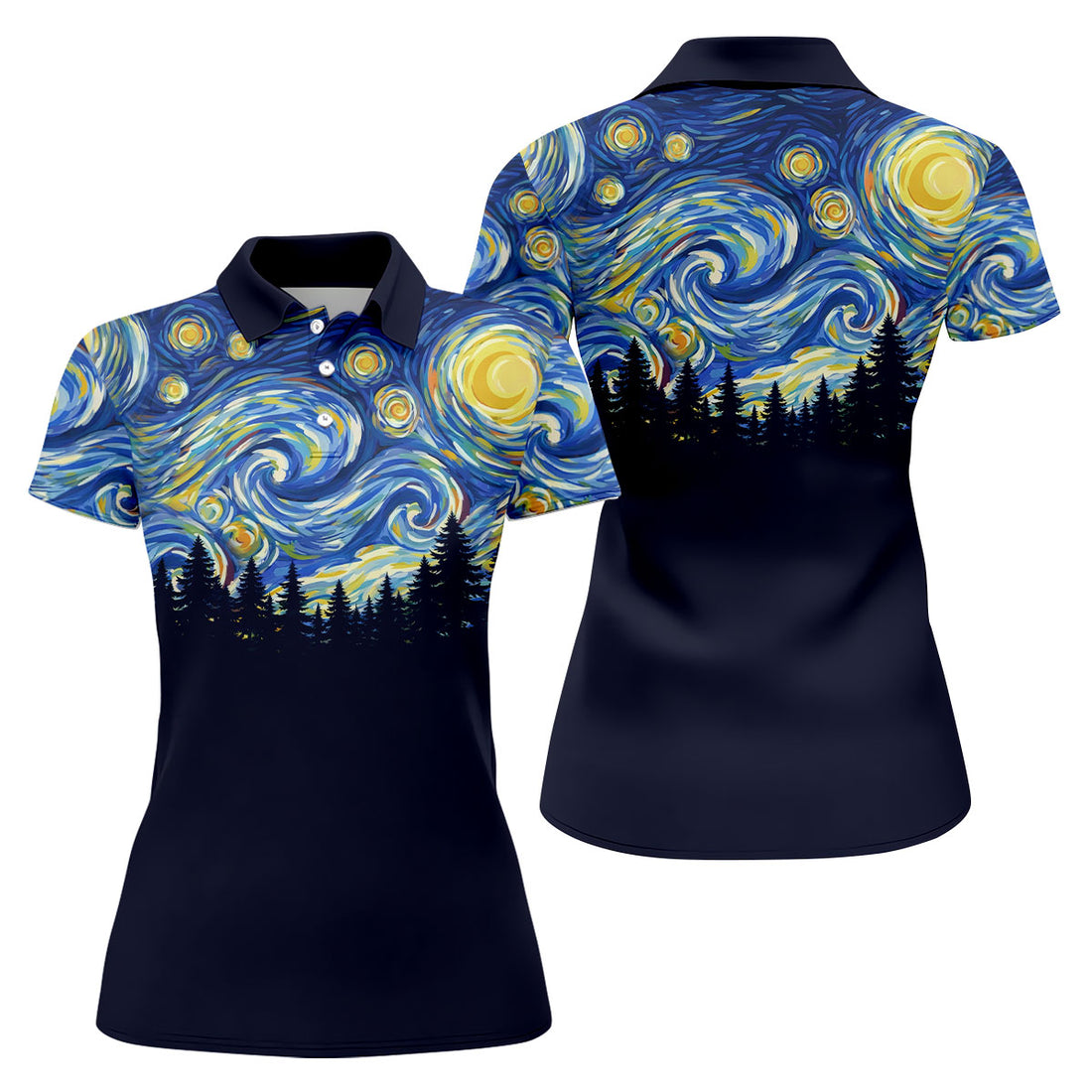 Van Gogh Inspired Starry Night Forest Hawaiian Golf Polo, Golf Tops For Women, Golfing Apparel