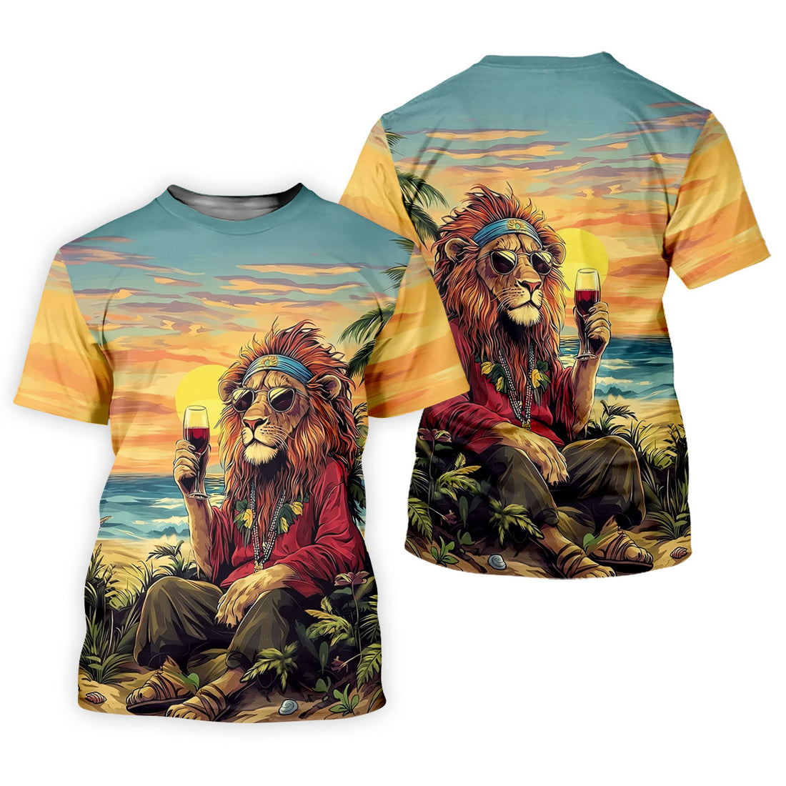 Tropical Lion Sunset Teal Hawaiian Golf Polo, Golf Tops For Men, Golfing Apparel