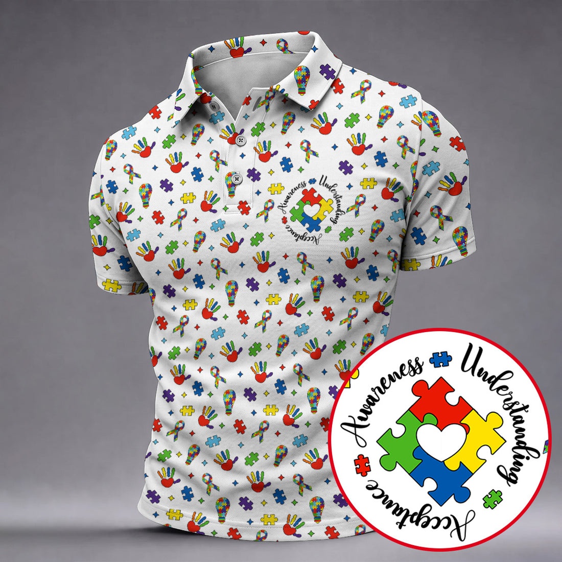 Awareness Understanding Acceptance Autism White Golf Shirt, Autism Awareness Colors Golf Shirts For Men