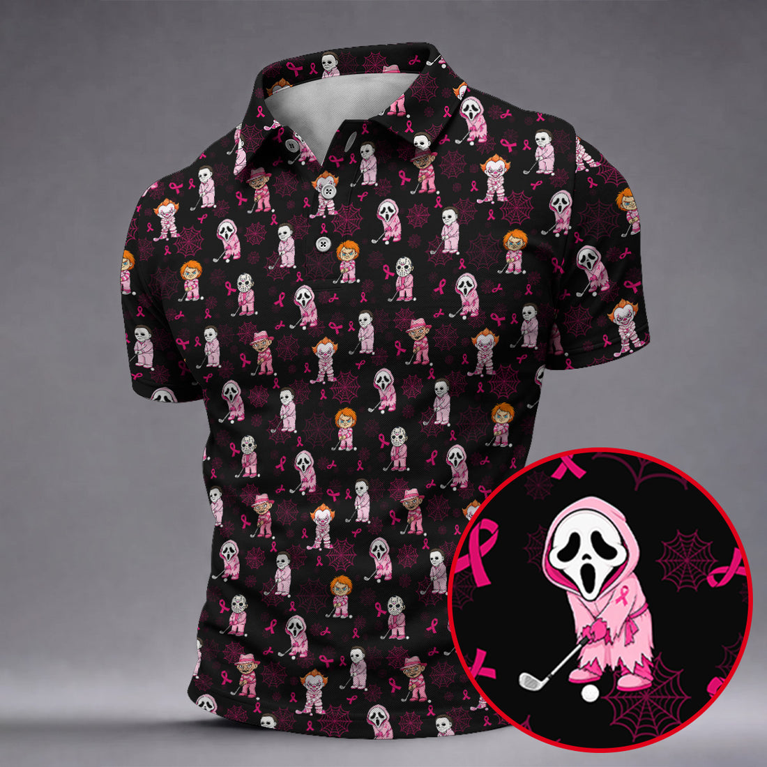 Black Halloween Horror Breast Cancer Polo Shirt, Men's Golf Shirt, Printed Golf Shirts