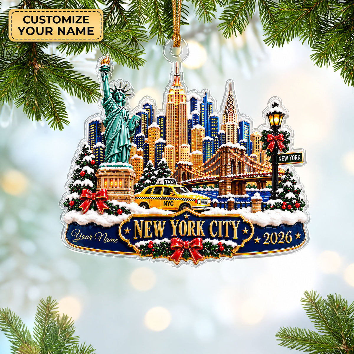 Custom Name New York Skyline Acrylic Ornament, Christmas Tree Decor, New York Gifts