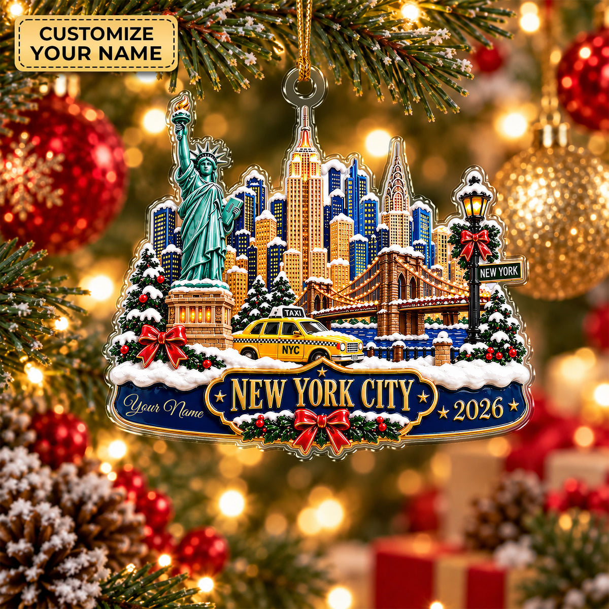 Custom Name New York Skyline Acrylic Ornament, Christmas Tree Decor, New York Gifts