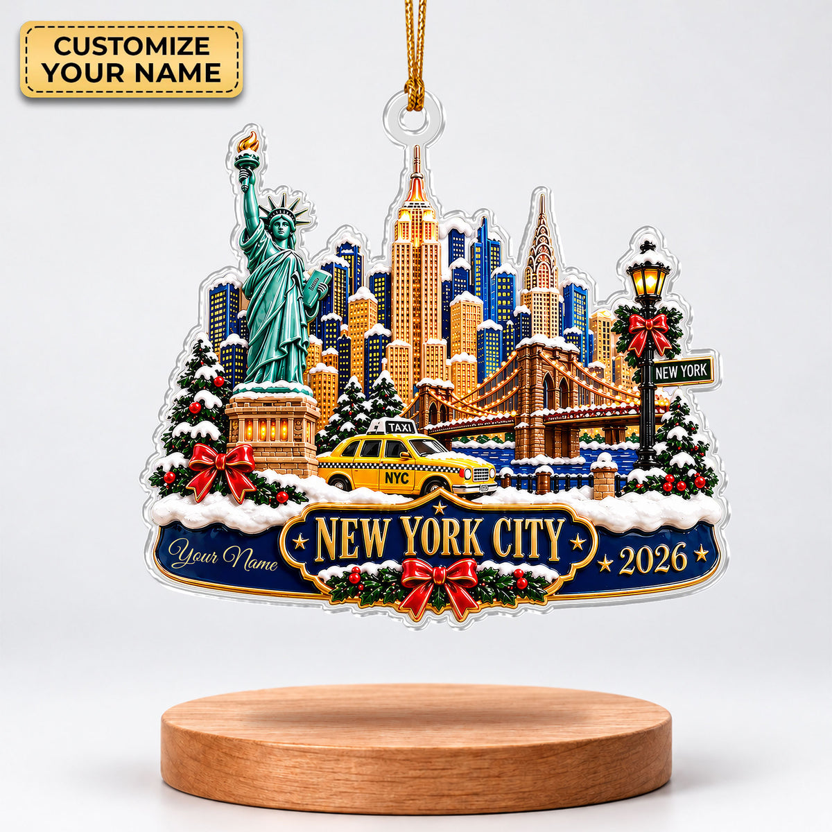 Custom Name New York Skyline Acrylic Ornament, Christmas Tree Decor, New York Gifts