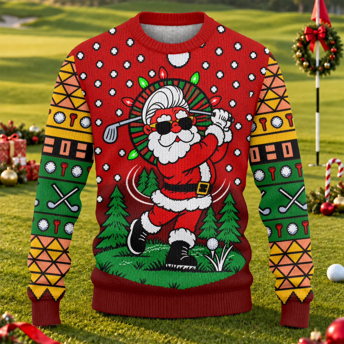 Cartoon Santa Golf Ugly Christmas Sweater - view 1
