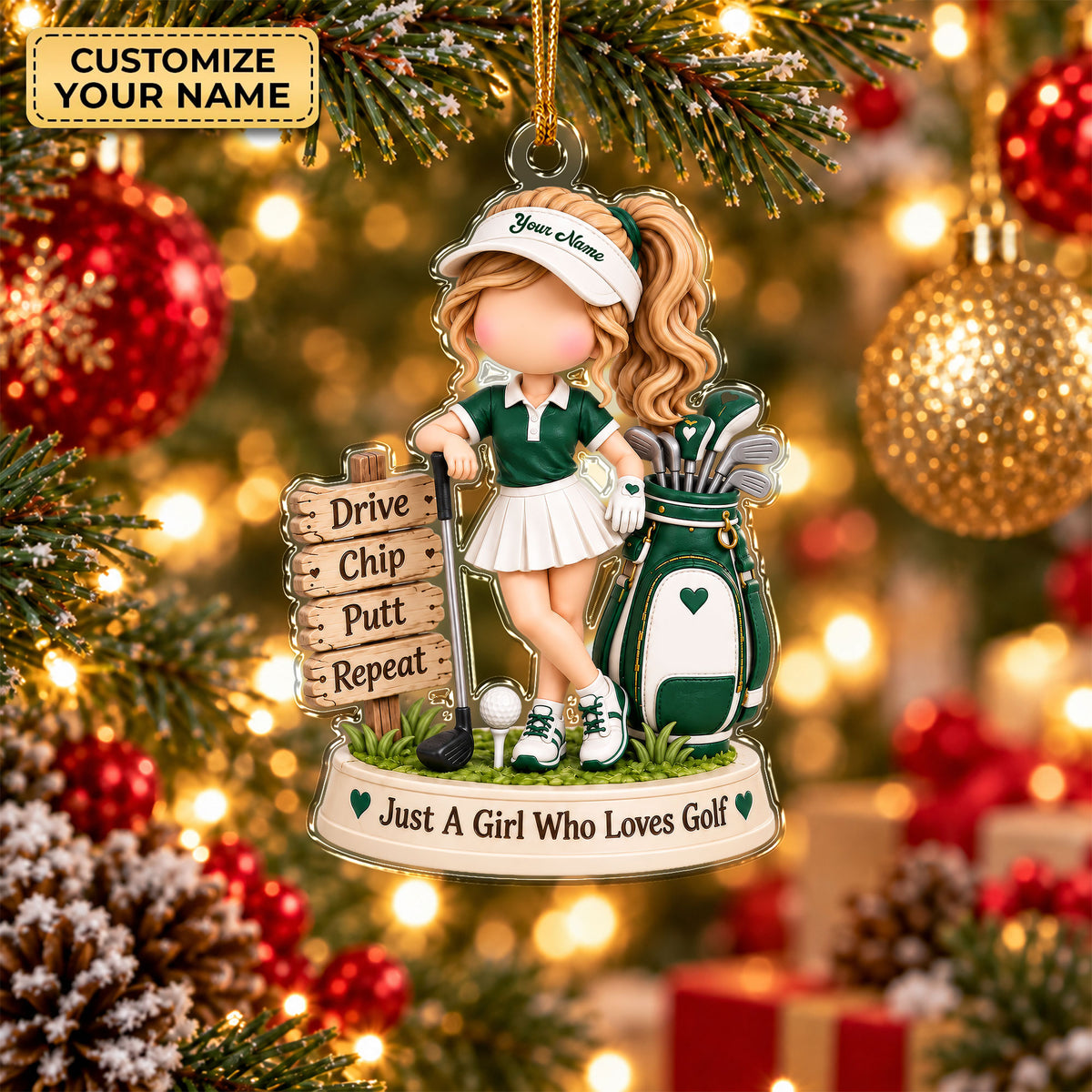 Custom Name Green Golf Girl Acrylic Ornament, Christmas Tree Decor, Golf Lover Gifts
