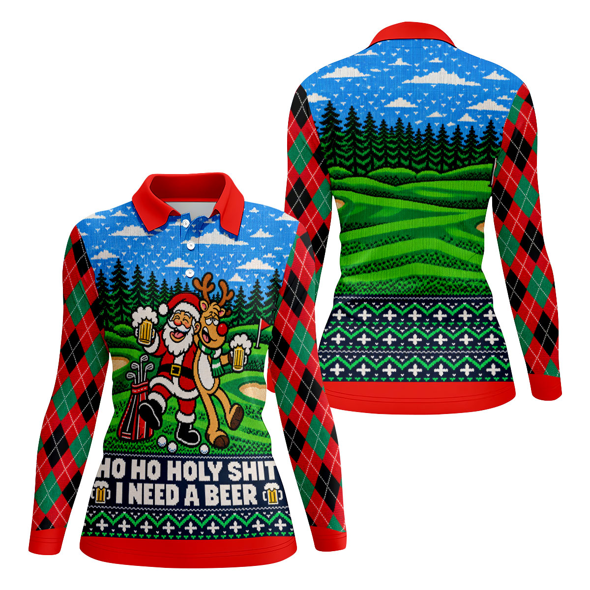 Christmas Santa Reindeer Beer Golf Shirt, Ladies Golf Shirts, Womens Golf Apparel
