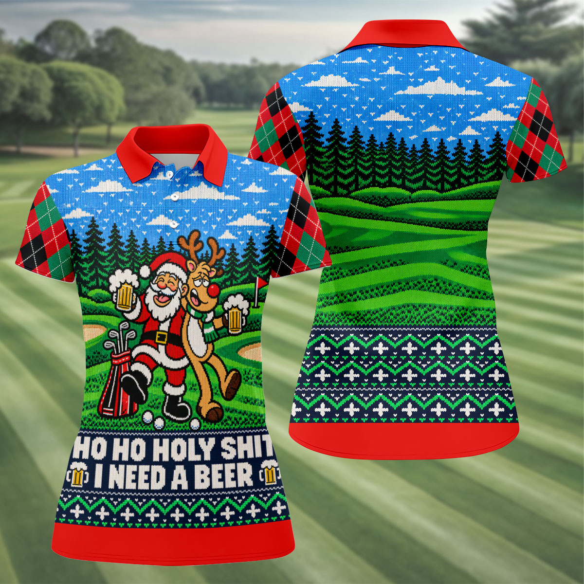 Christmas Santa Reindeer Beer Golf Shirt, Ladies Golf Shirts, Womens Golf Apparel